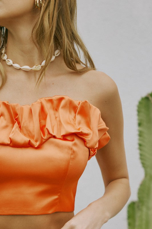 Pleated Strapless Satin Top - Soft Orange