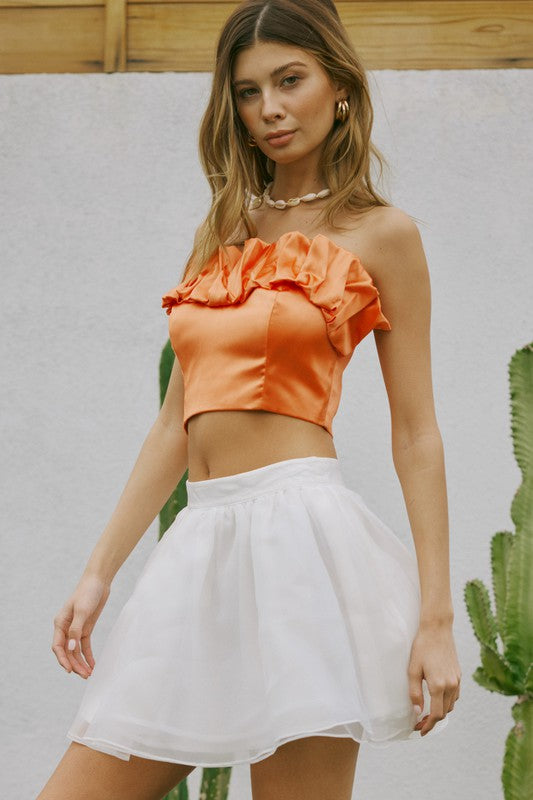 Pleated Strapless Satin Top - Soft Orange