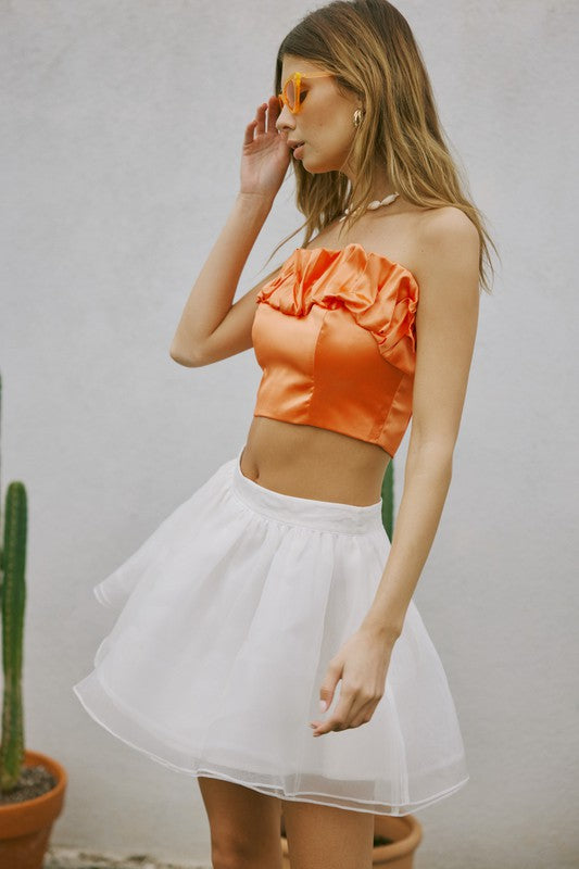Pleated Strapless Satin Top - Soft Orange