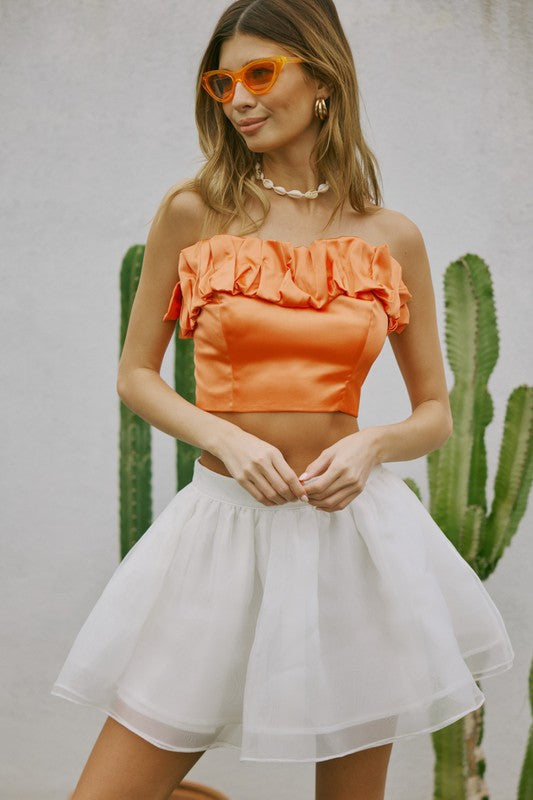 Pleated Strapless Satin Top - Soft Orange