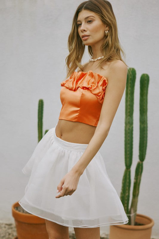 Pleated Strapless Satin Top - Soft Orange