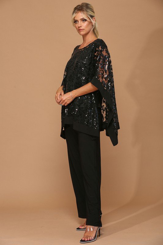 Stretch Pants With Sequin Cape Overlay Set Black