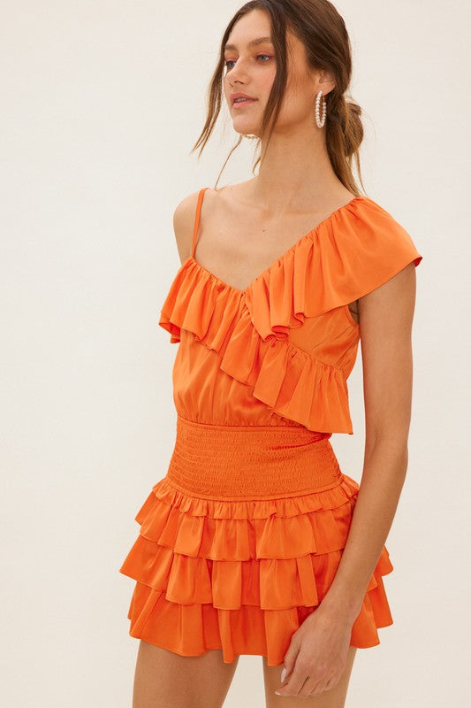 Asymmetrical Satin Ruffle Romper - Orange