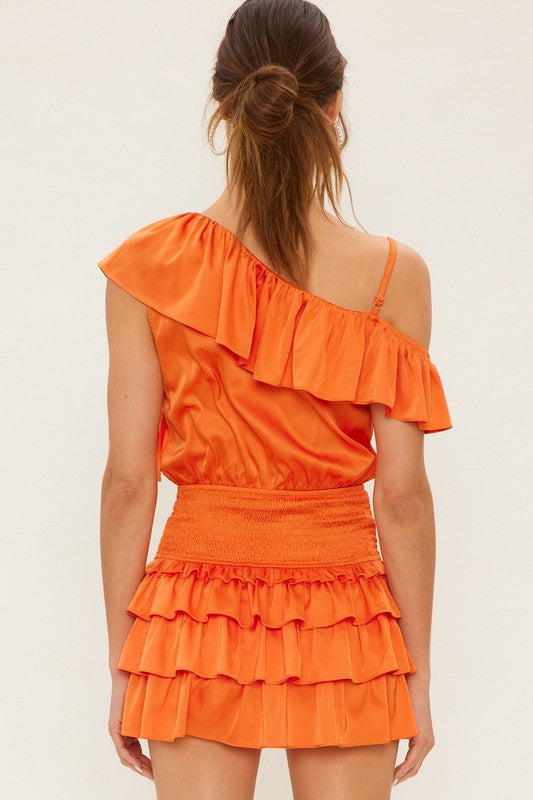 Asymmetrical Satin Ruffle Romper - Orange