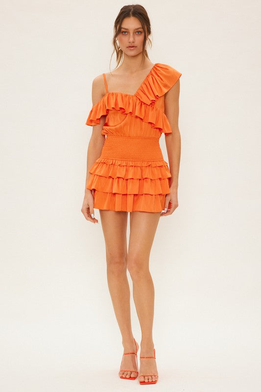 Asymmetrical Satin Ruffle Romper - Orange