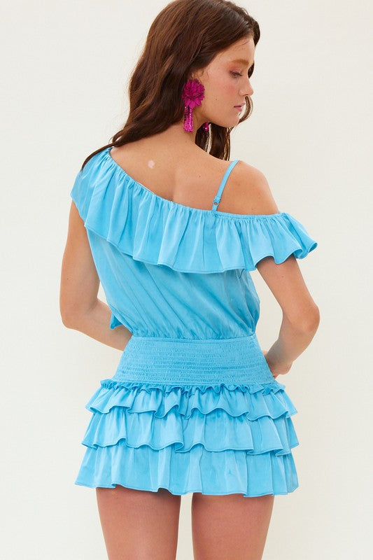 Asymmetrical Satin Ruffle Romper - Aqua