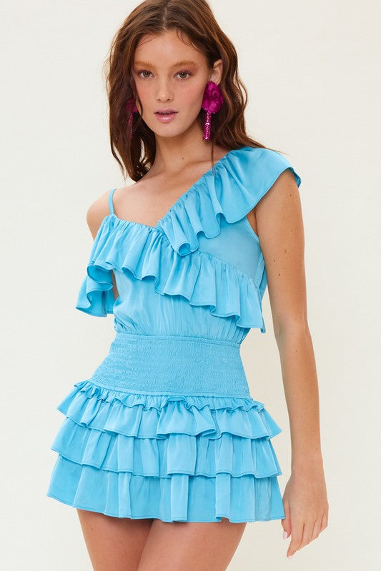 Asymmetrical Satin Ruffle Romper - Aqua