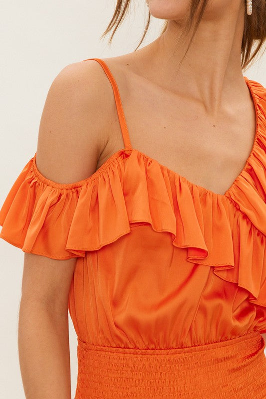 Asymmetrical Satin Ruffle Romper - Orange
