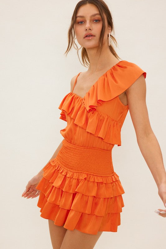 Asymmetrical Satin Ruffle Romper - Orange