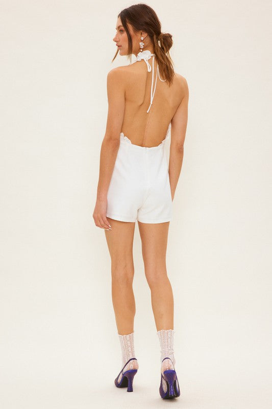Open Back Ruffle Detailed V Neck Romper - White