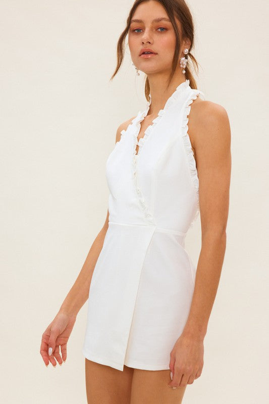 Open Back Ruffle Detailed V Neck Romper - White