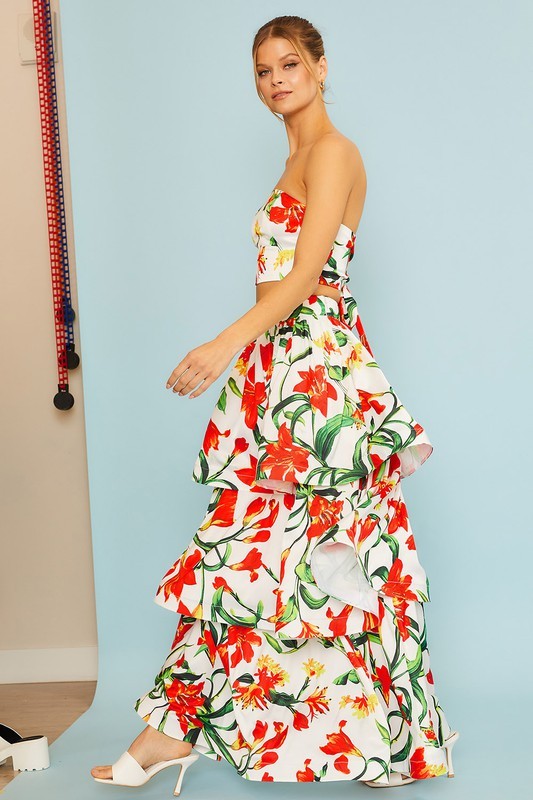 FLORAL PRINT STRAPLESS TOP AND MAXI SKIRT