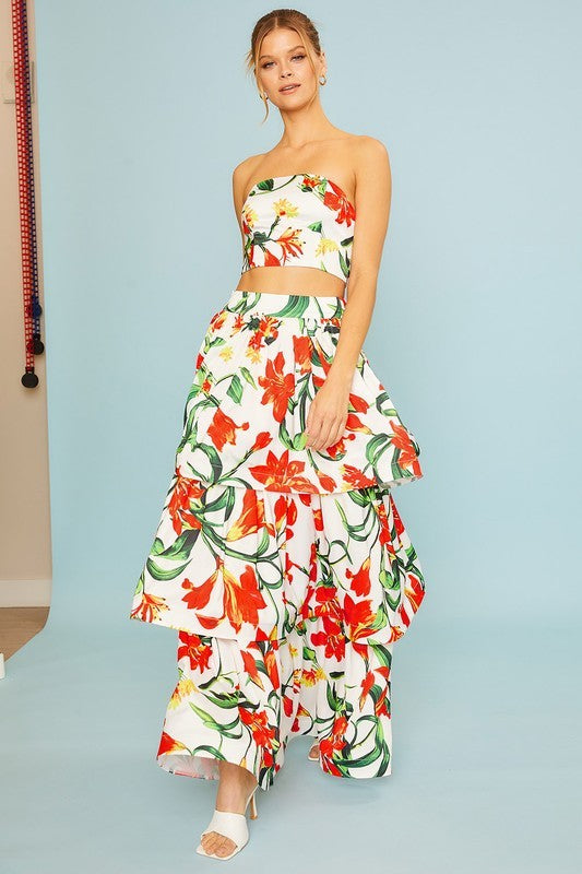 FLORAL PRINT STRAPLESS TOP AND MAXI SKIRT