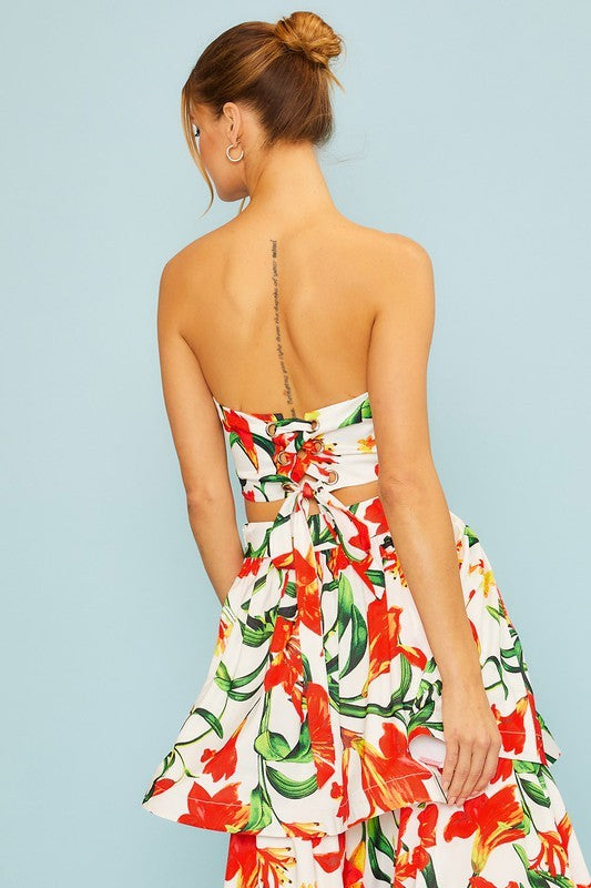 FLORAL PRINT STRAPLESS TOP AND MAXI SKIRT