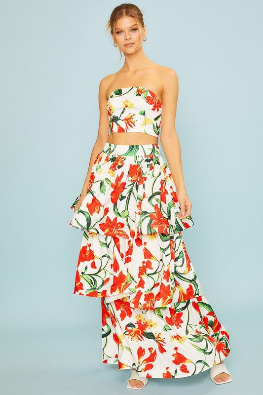 FLORAL PRINT STRAPLESS TOP AND MAXI SKIRT