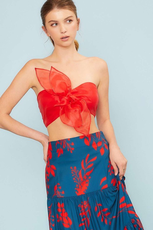 Front Tie Knot Organza Top - Red