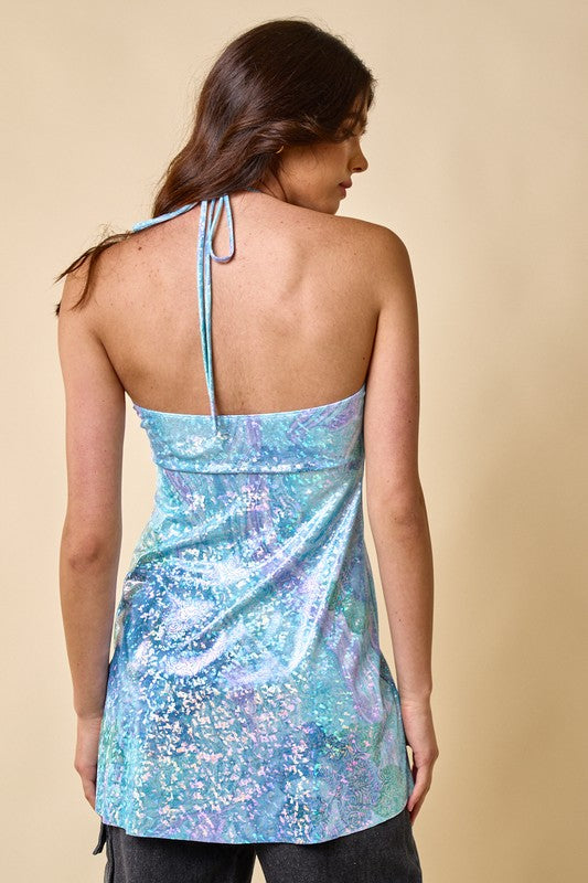 Halter Neck Ruffled Top - Aqua