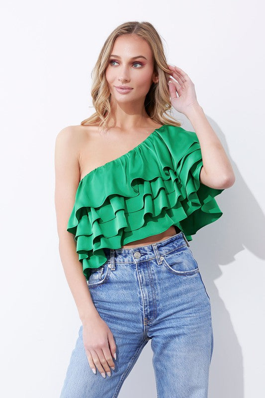 One Shoulder Ruffle Satin Top - Emerald