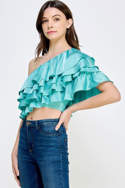 One Shoulder Ruffle Satin Top - Aqua Blue