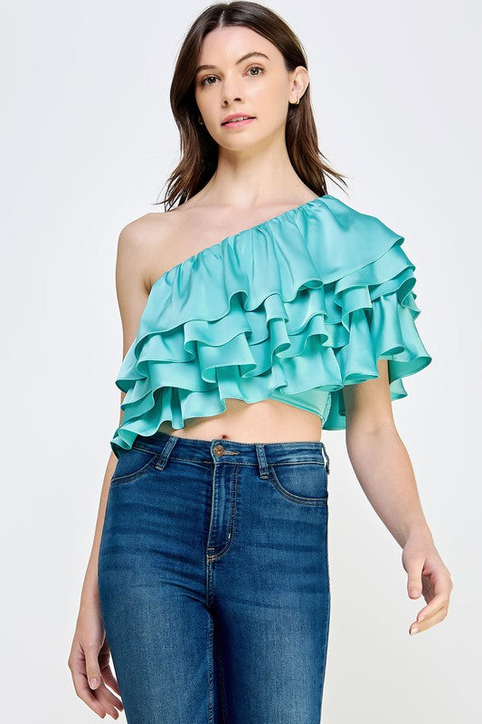 One Shoulder Ruffle Satin Top - Aqua Blue