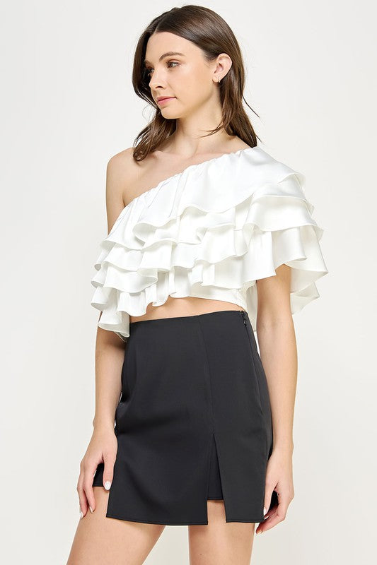 One Shoulder Ruffle Satin Top - White