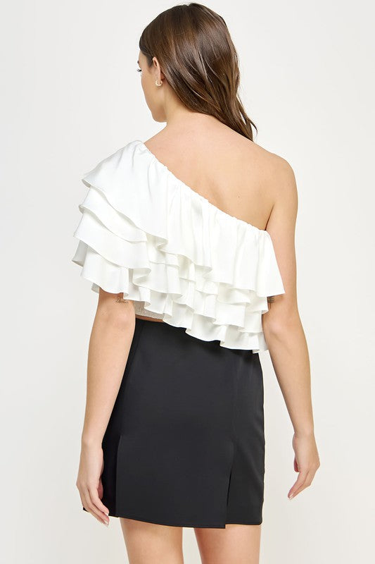 One Shoulder Ruffle Satin Top - Aqua Blue