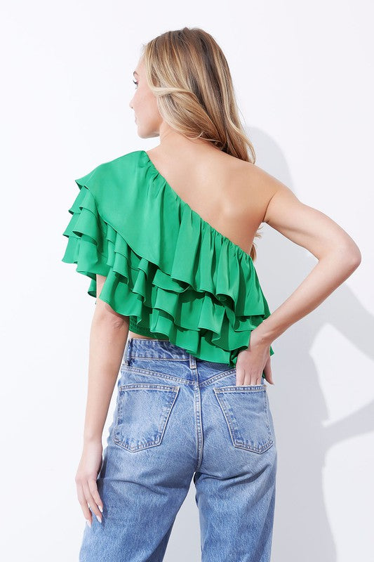 One Shoulder Ruffle Satin Top - Emerald