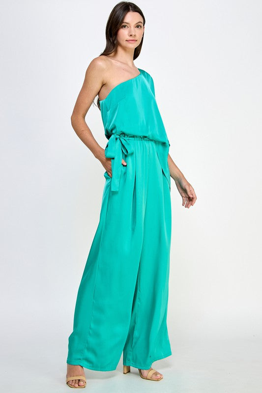 One Shoulder Satin Jumpsuit Turquoise