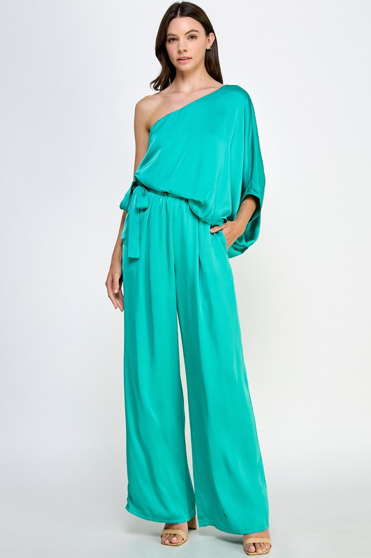 One Shoulder Satin Jumpsuit Turquoise