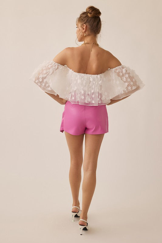 Off Shoulder Crop Ruffled Top - White