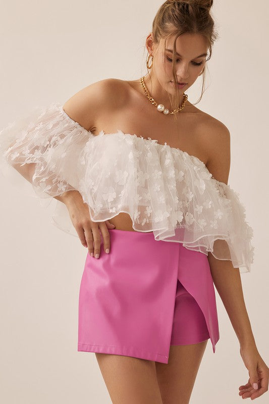 Off Shoulder Crop Ruffled Top - White