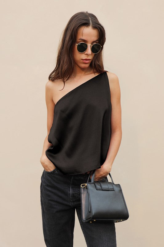 Satin One Shoulder Top - Black
