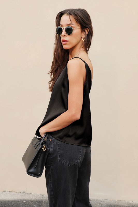 Satin One Shoulder Top - Black