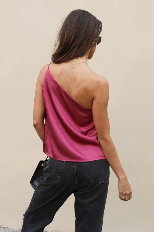Satin One Shoulder Top - Burgundy