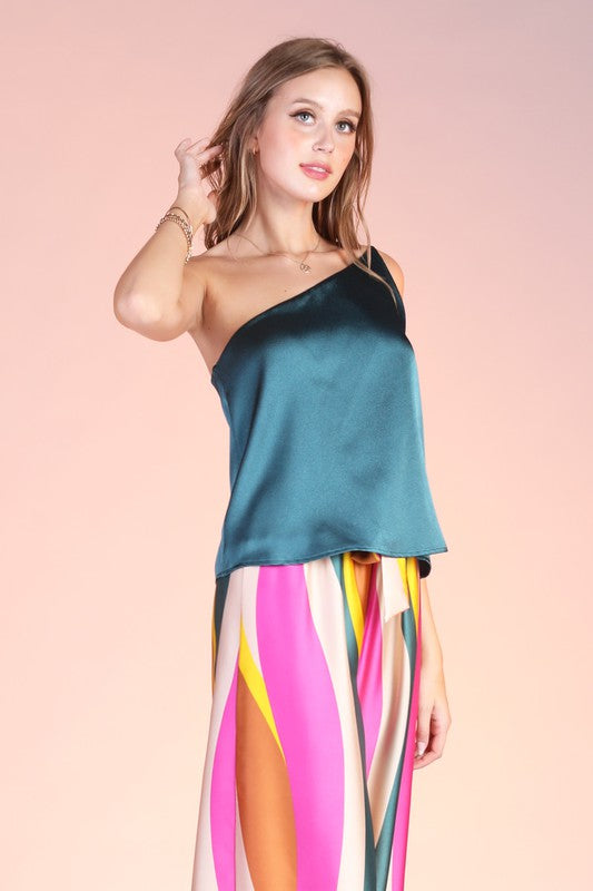 Satin One Shoulder Top - Pine Green