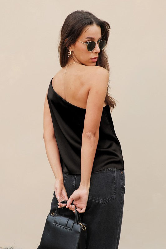 Satin One Shoulder Top - Black