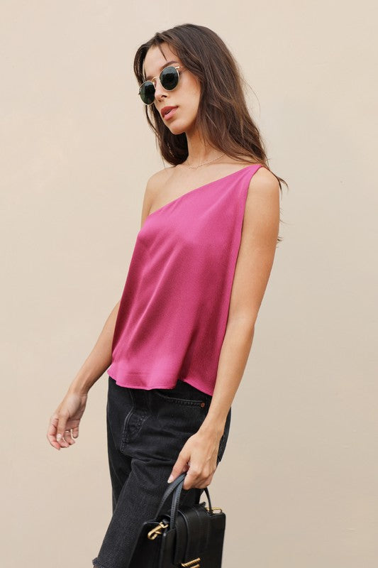 Satin One Shoulder Top - Burgundy