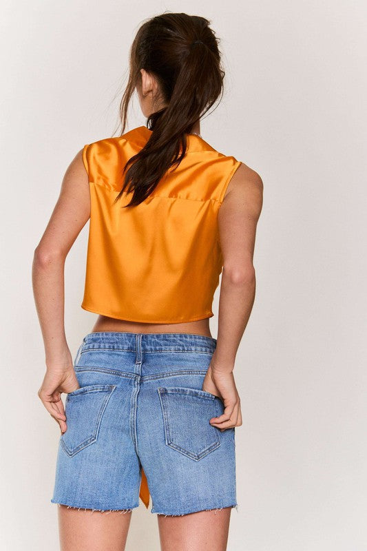 Satin Sleeveless Crop Top - Orange