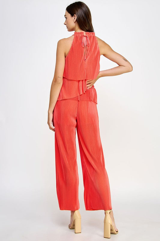 PLEATED TIERED HALTER NECK JUMPSUIT