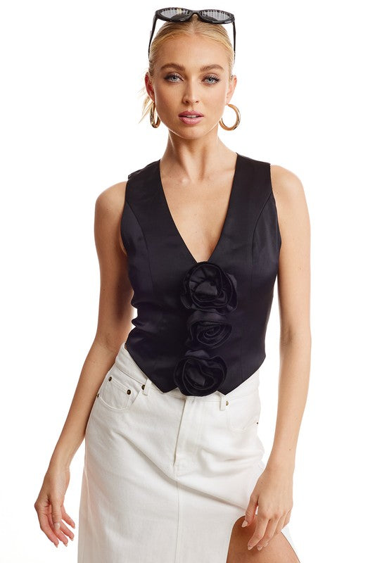 Rose Detail Vest - Black