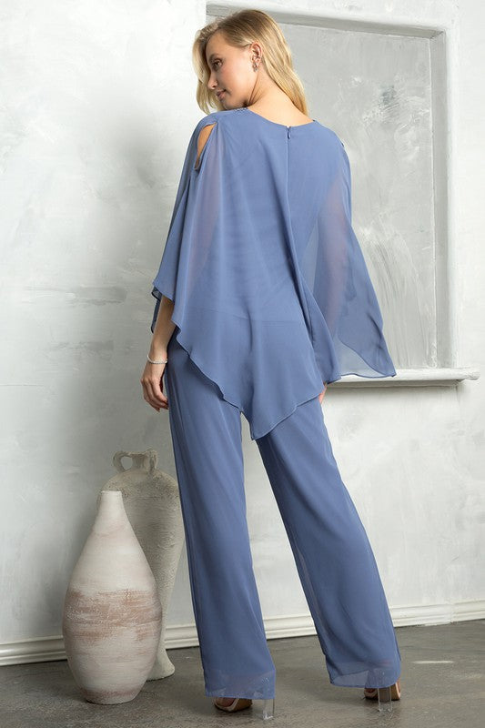 Two Piece Chiffon Pants Set Slate Blue