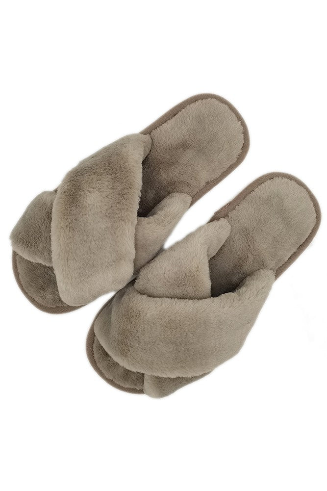 Solid Cross Feux Fur Slippers Taupe