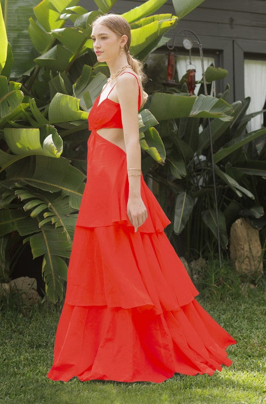 FLORAL CUT OUT TIERED COTTON LINEN MAXI DRESS