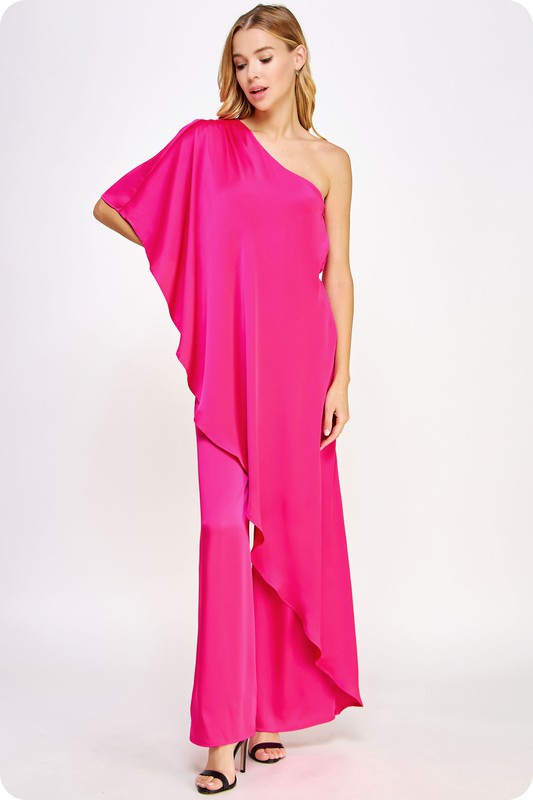 ONE SHOULDER DRAPE SATIN JUMPSUIT