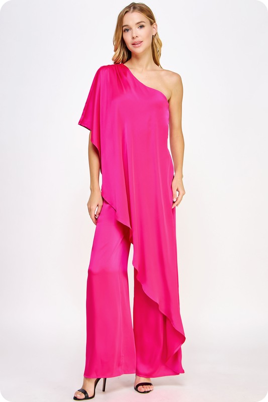 ONE SHOULDER DRAPE SATIN JUMPSUIT