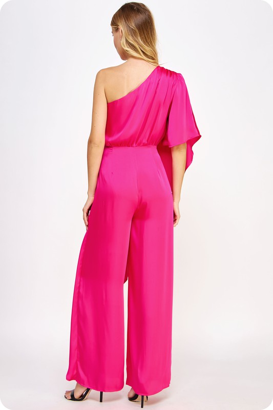 ONE SHOULDER DRAPE SATIN JUMPSUIT