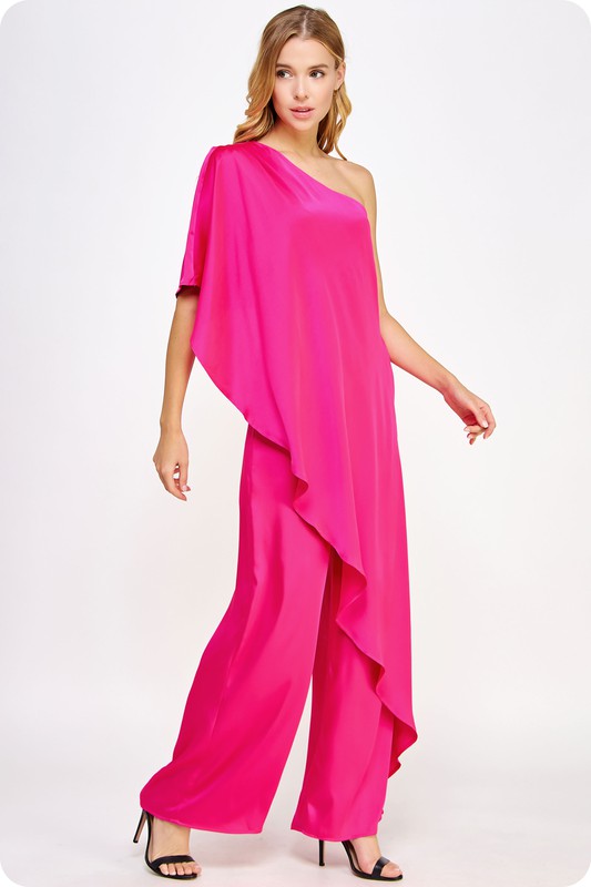 ONE SHOULDER DRAPE SATIN JUMPSUIT
