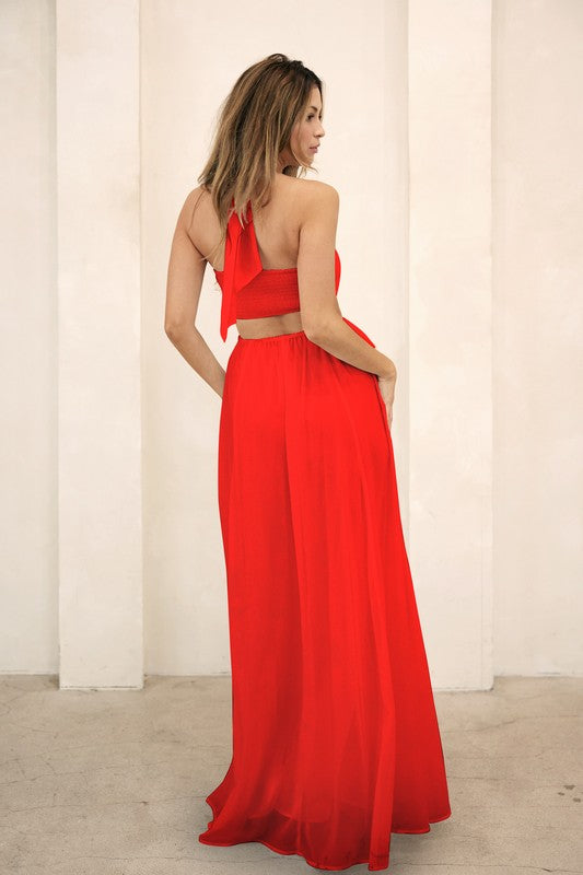 ROSETTE DETAIL CUT OUT RUFFLED MAXI DRESS - RED