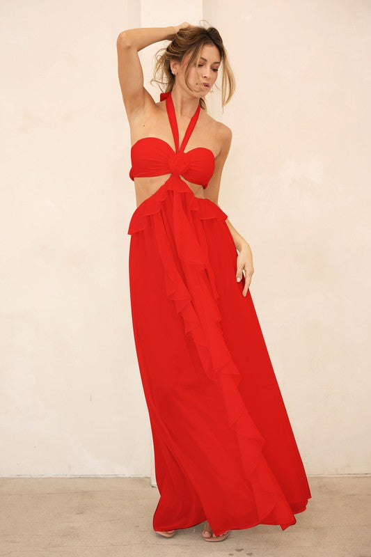 ROSETTE DETAIL CUT OUT RUFFLED MAXI DRESS - RED