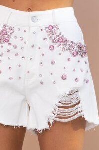 DISTRESSED DENIM COLOR GEM STUDDED SHORTS